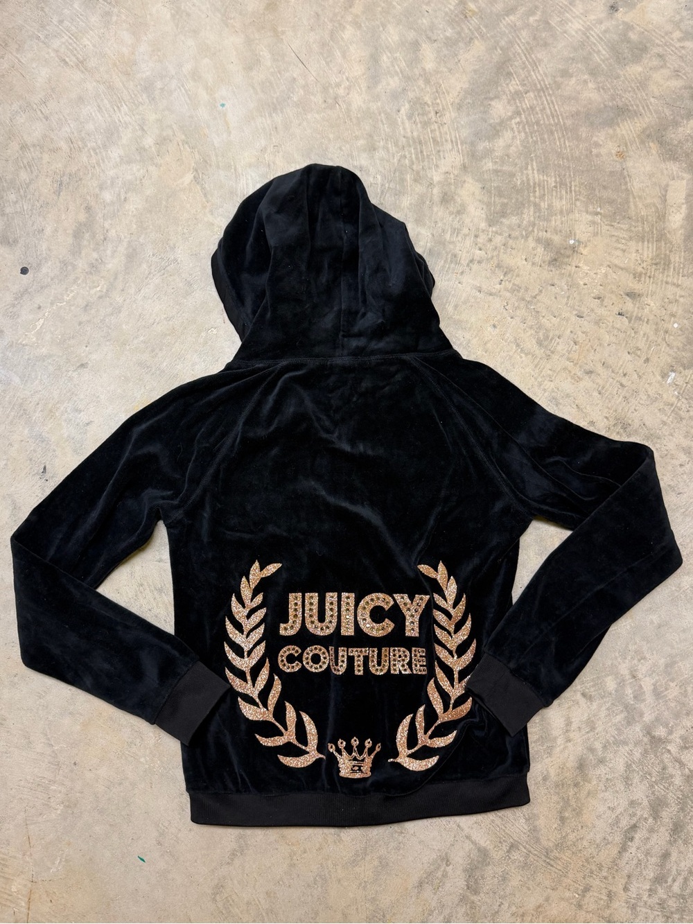 Juicy Couture Y2K  Black Velour Hooded Jacket with Gold Crest Back